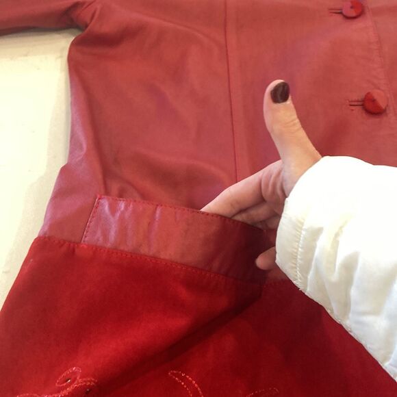 Vintage Lambskin Leather Red Suade Embroidered Rhinstones Holiday Jacket - Picture 8 of 15